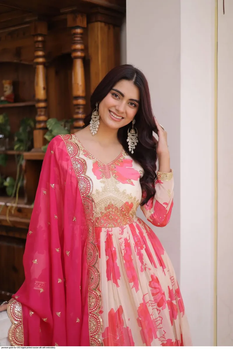 Pink Colour Russian Silk With Embroidery Work Gown With Dupatta Ka 1242